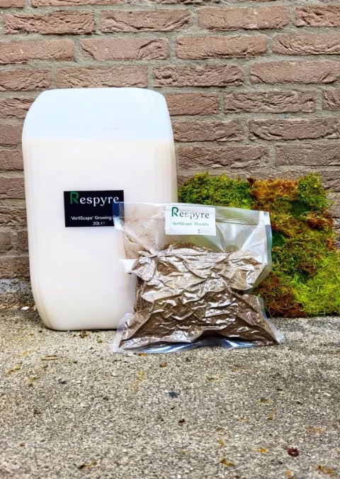 Respyre growing gel and moss mix in front of a brick wall
