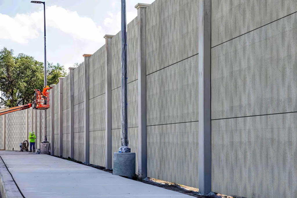 Concrete noise barrier along a road